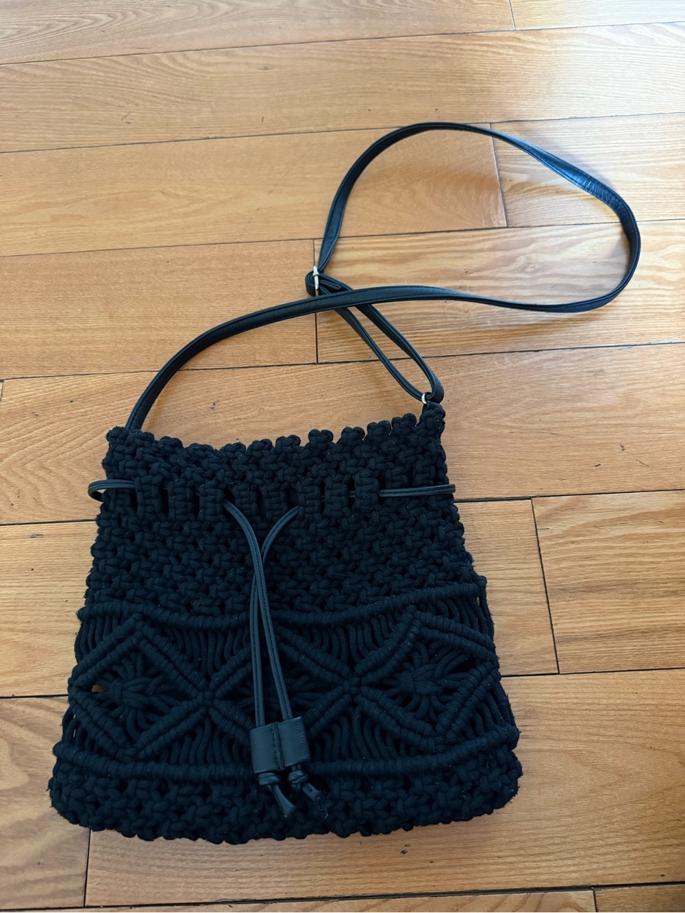 Express Black Handwoven Macramé Drawstring Crossbody Bag